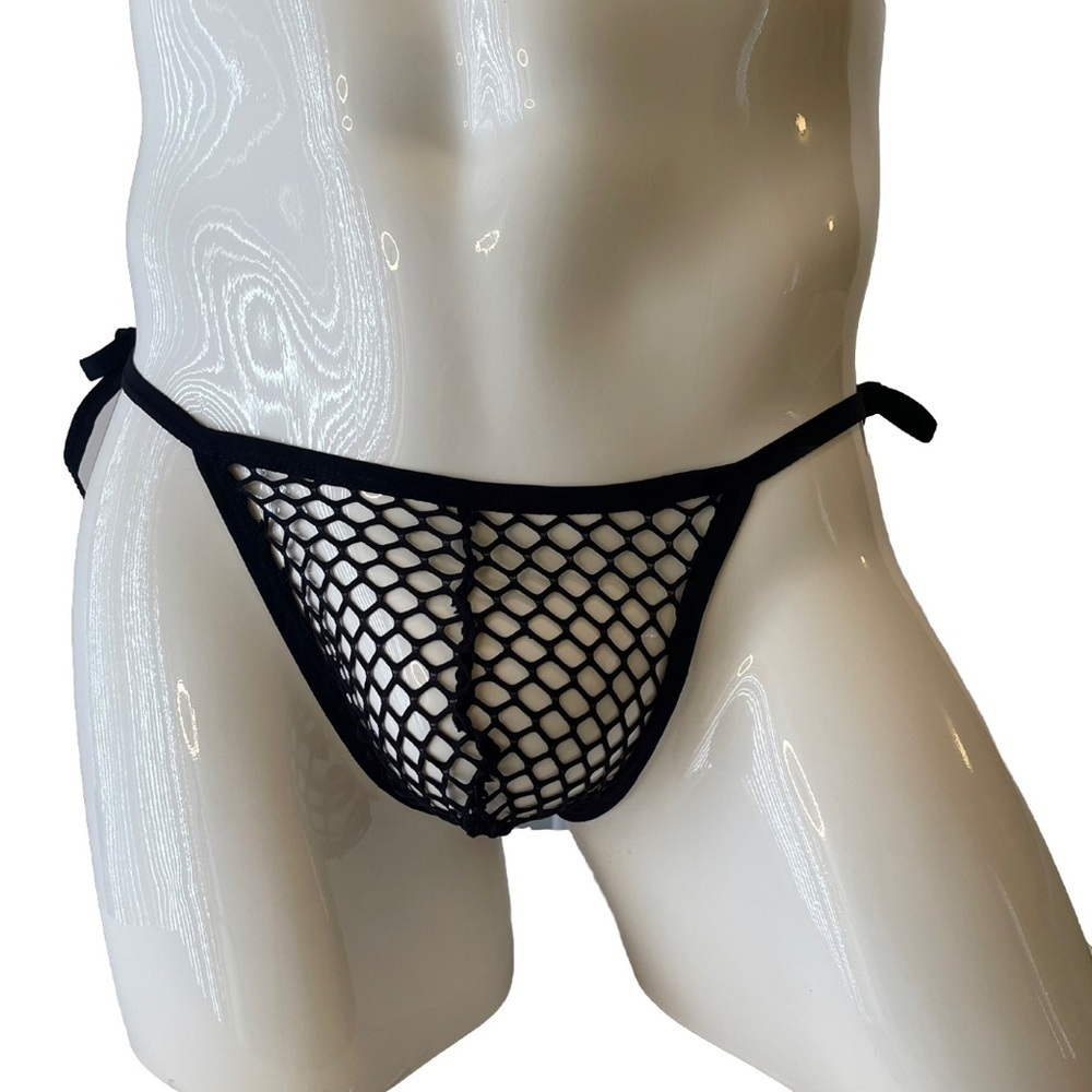 Mens Brief Mesh Sheer See Through Medium Black Side Ties Adjustable NWT Sexy